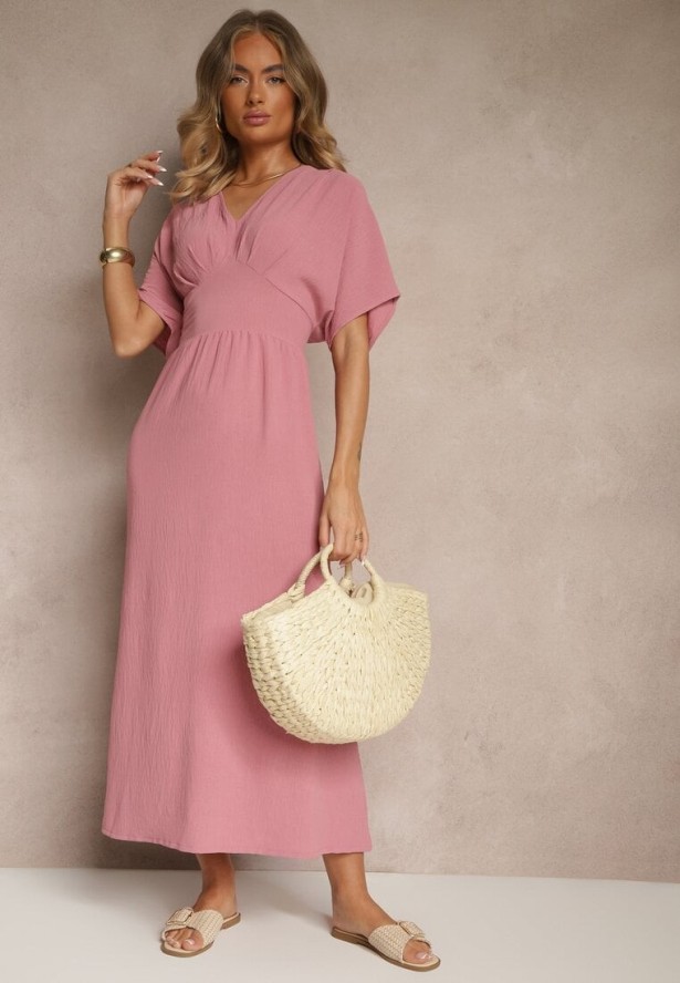 Ciemnoróżowa Sukienka z Bawełną i Marszczoną Górą Filaviela