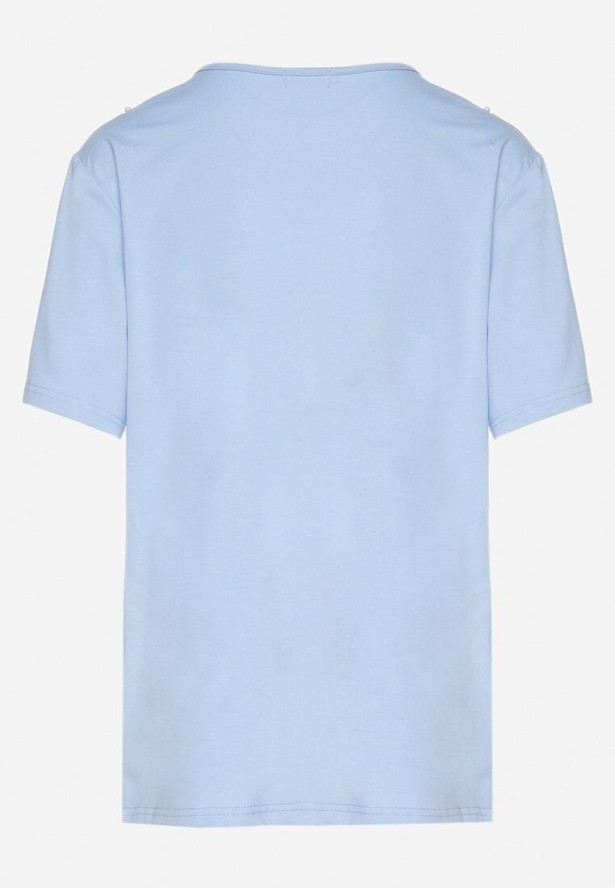 Jasnoniebieski T-shirt Oversize z Ozdobną Koronką i Perłami Elanoriel