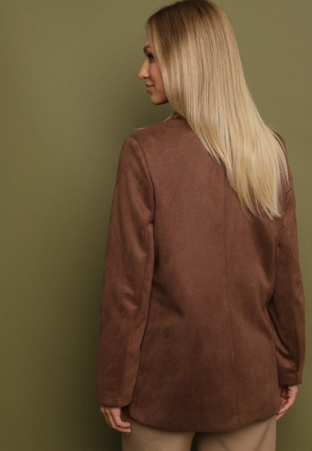 Brązowa Marynarka Oversize z Imitacji Zamszu o Pudełkowym Kroju Alonella