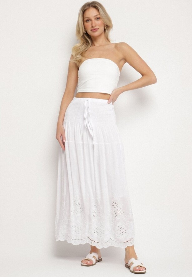 Biała Spódnica Bawełniana Rozkloszowana z Ażurowym Dołem Divilua