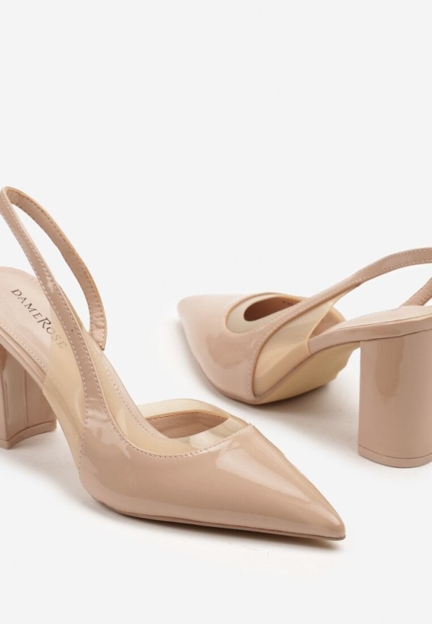 Beżowe Lakierowane Sandały na Obcasie z Odkrytą Piętą Finzedi