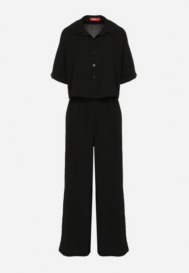 Czarny Komplet z Szerokimi Spodniami i Krótką Koszulą z Krótkim Rękawem Mirtebia