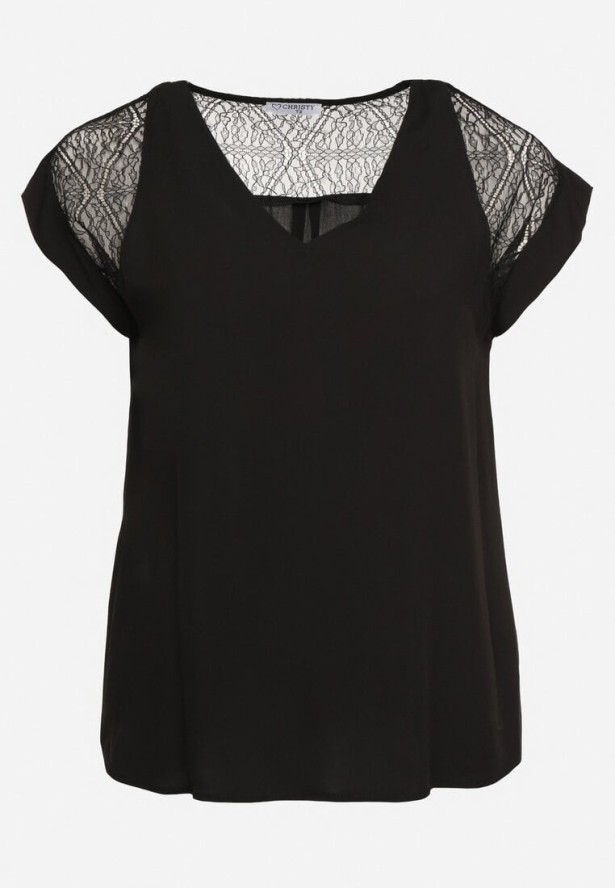 Czarna Bluzka z Wiskozy z Przezroczystymi Wstawkami Zelauri