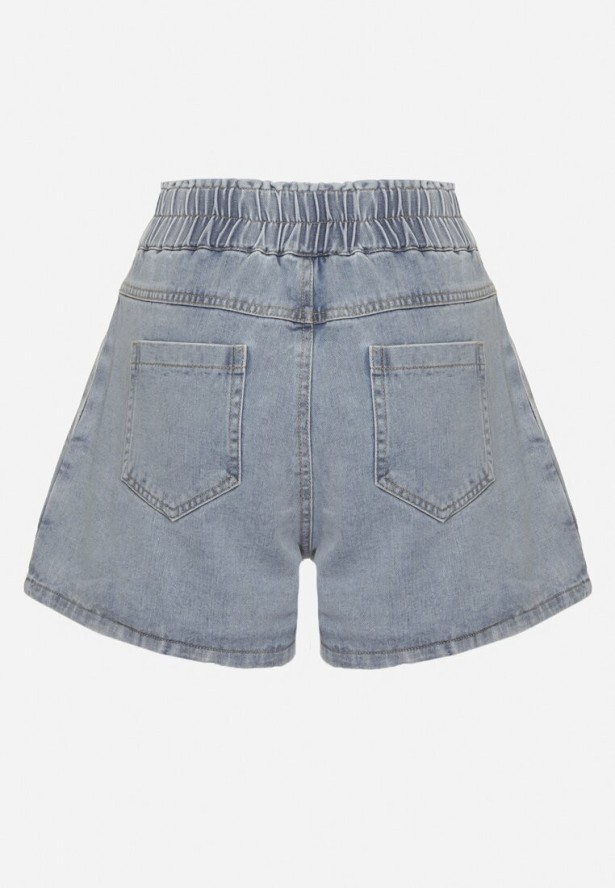 Niebieskie Szorty Jeansowe z Szeroką Nogawka i Wysokim Stanem Rinestra