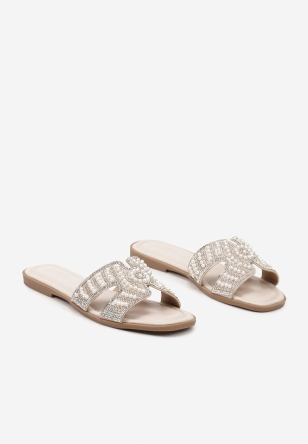 Beżowe Klapki z Wycięciami Cyrkoniami i Perłami Zlinntia