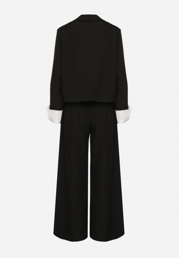 Czarny Komplet Garniturowy Marynarka i Spodnie z Kontrastowymi Wstawkami Daviraya