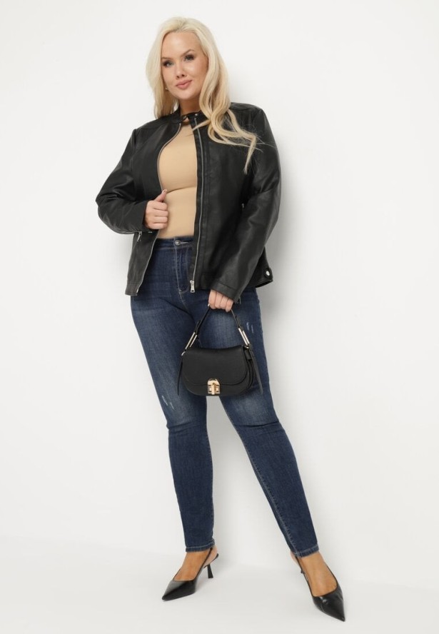 Czarna Kurtka Ramoneska Bez Kołnierzyka z Suwakami na Rękawach Rilinne