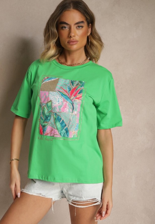 Zielony T-shirt z Bawełny Ozdobiony Brokatem Isadelle