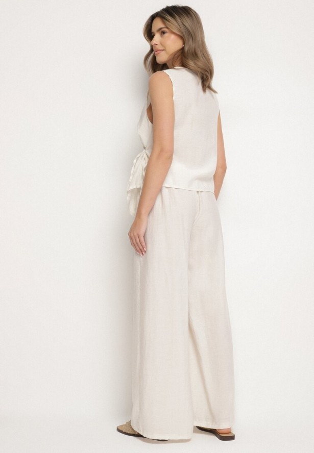 Jasnobeżowy Komplet z Lnem Szerokie Spodnie i Wiązana Bluzka Idaviela