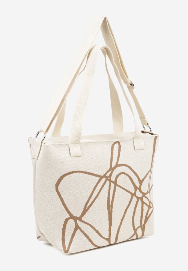 Jasnobeżowa Torebka Shopperka w Abstrakcyjny Wzór z Dodatkowym Paskiem na Ramię Oberina