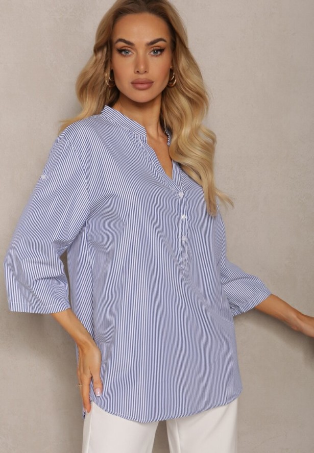 Granatowo-Biała Koszula z Bawełny o Luźnym Kroju w Paski z Guziczkami Konolla