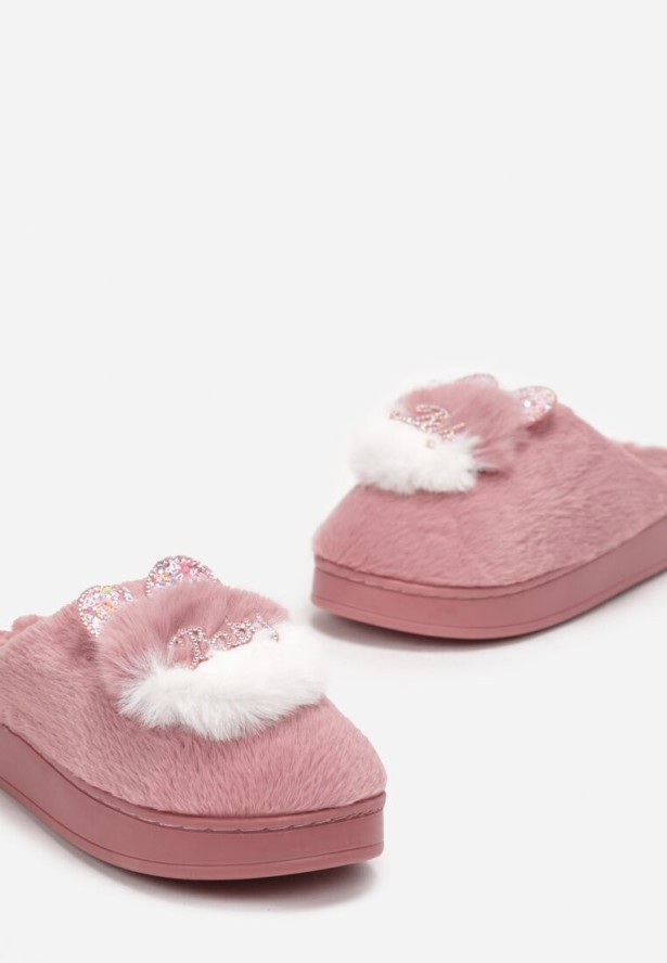 Różowe Płaskie Kapcie z Aplikacją 3D w Kształcie Króliczka Munere