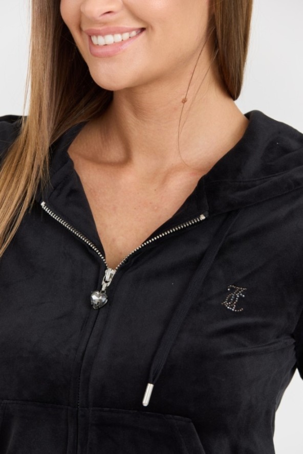 JUICY COUTURE Damska czarna bluza Robertson Jewelled Velour Hoodie, Rozmiar M