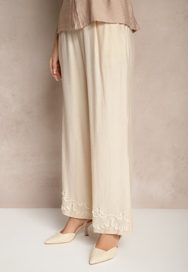 Jasnobeżowe Wiskozowe Spodnie o Szerokim Kroju z Lnem i Przeszyciami Fenelira