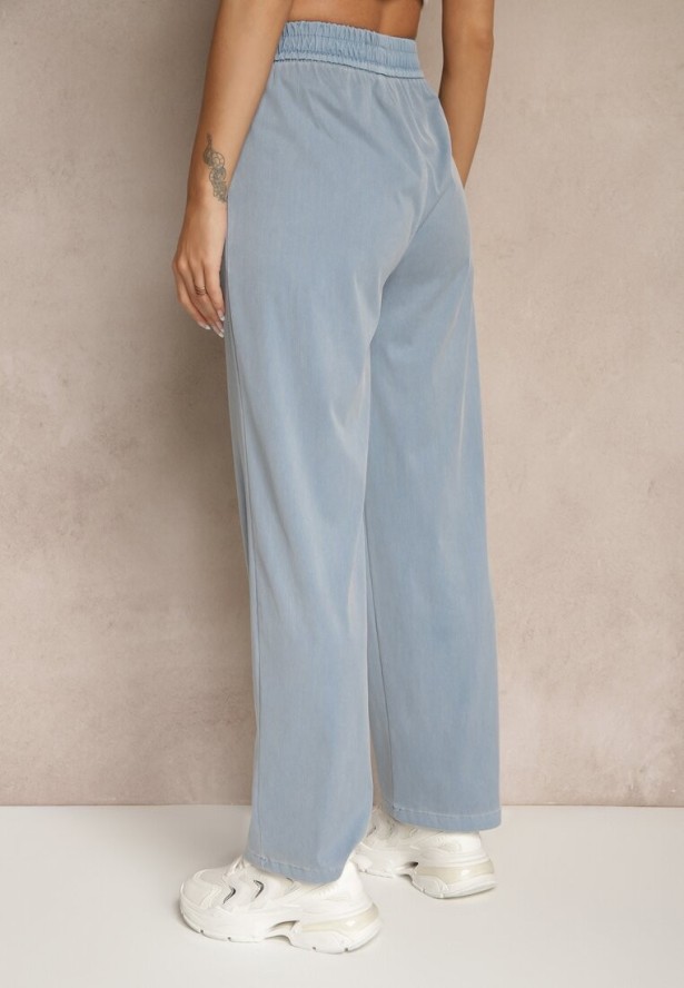 Niebieskie Spodnie z Wiskozą High Waist z Ozdobną Aplikacją Frovanna