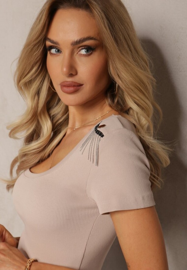 Beżowa Prążkowana Bluzka z Bawełny z Krótkim Rękawem i Metalicznymi Frędzlami Nadirra