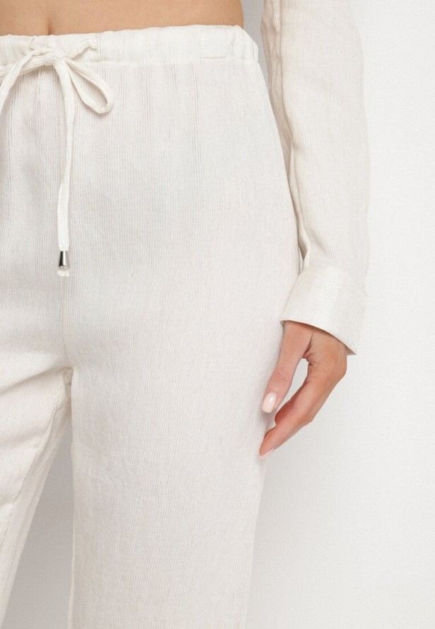Białe Szerokie Spodnie z Wiskozy z Wiązaniem w Talii Lilriz