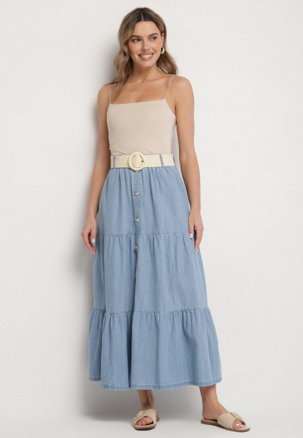 Niebieska Bawełniana Spódnica Jeansowa Rozkloszowana z Paskiem i Ozdobnymi Guzikami Natenelia