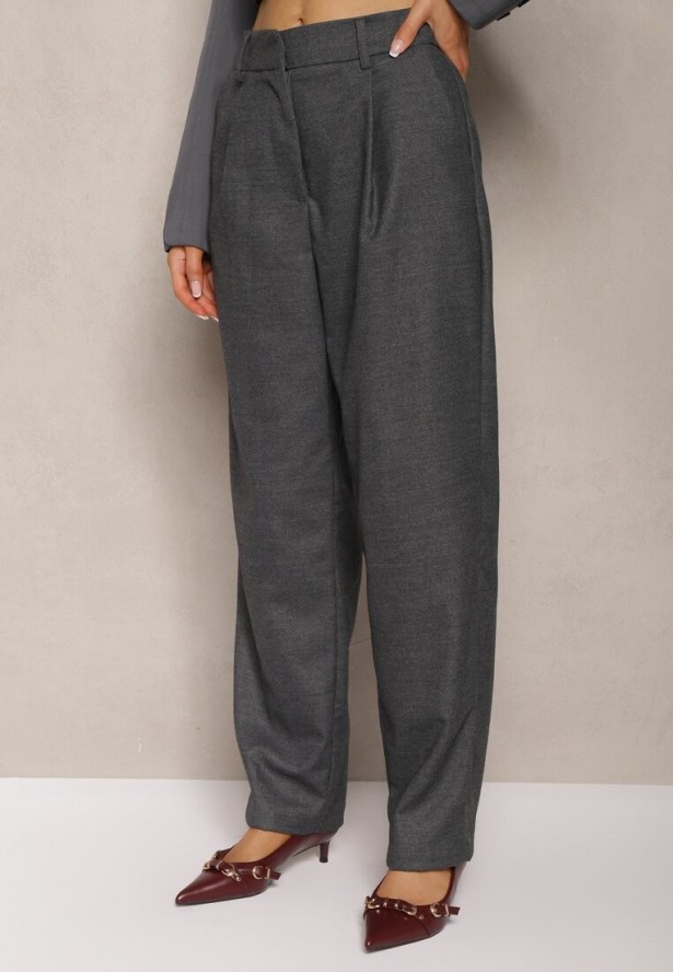 Ciemnoszare Szerokie Spodnie z Kieszeniami o Garniturowym Kroju Verati