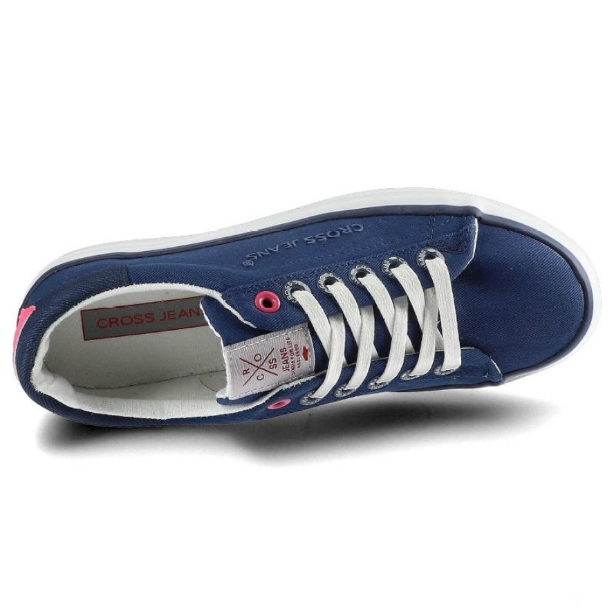 Trampki damskie Cross Jeans, z materiału tekstylnego o drobnym splocie z klasycznym sznurowaniem wzmocnioną strefą pięty oraz podwyższoną płaską pode