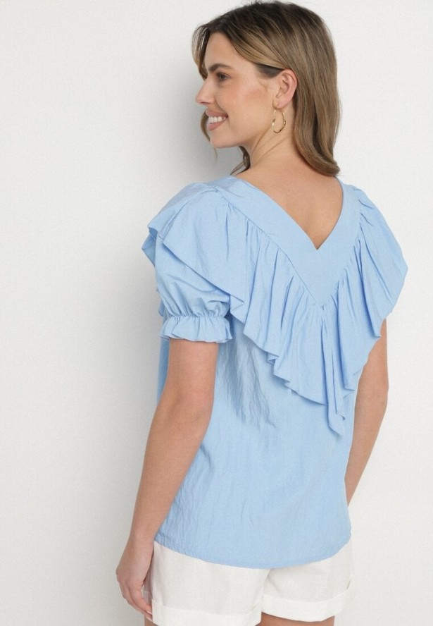 Jasnoniebieska Bluzka z Wiskozą i Falbankami Fadevia