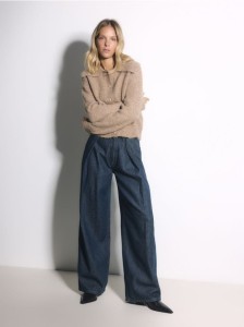 Jeansy wide leg z zakładkami - granatowy