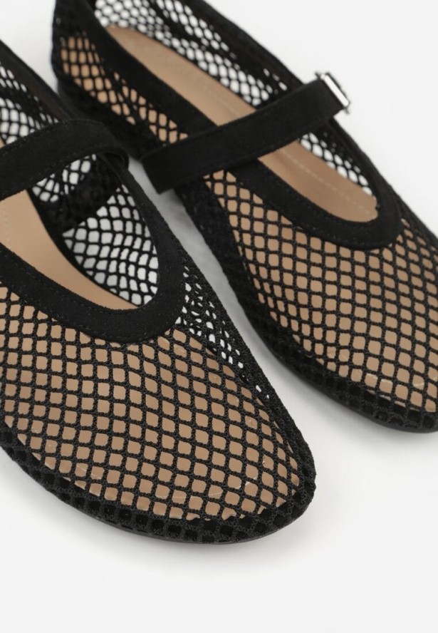 Czarne Siateczkowe Balerinki z Paskiem Appletwinkle