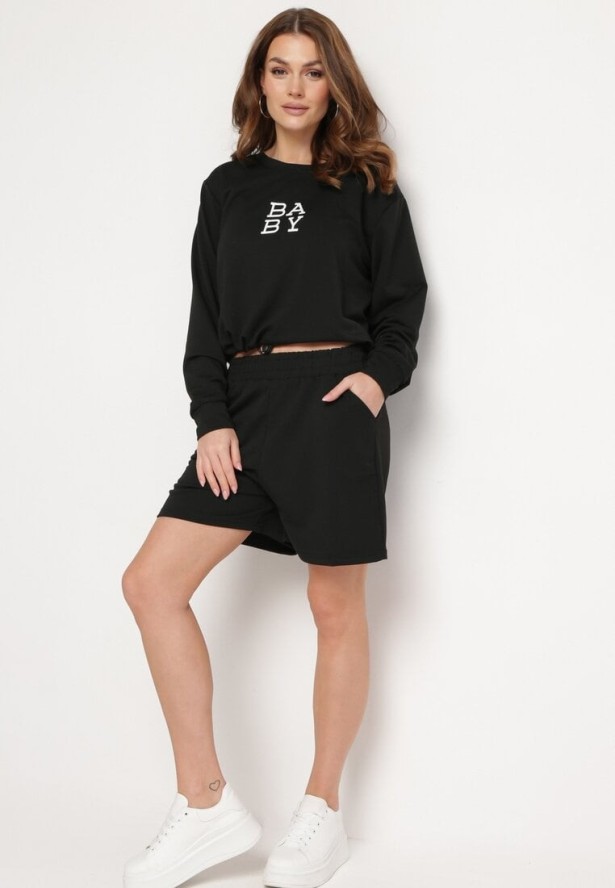 Czarny 2-Częściowy Komplet Dresowy Bluza z Nadrukiem i Luźne Szorty z Kieszeniami Ridana