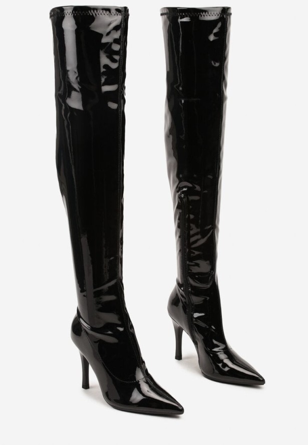 Czarne Kozaki na Obcasie z Przylegającą Cholewką za Kolano z Lakierowanym Połyskiem Nelasena