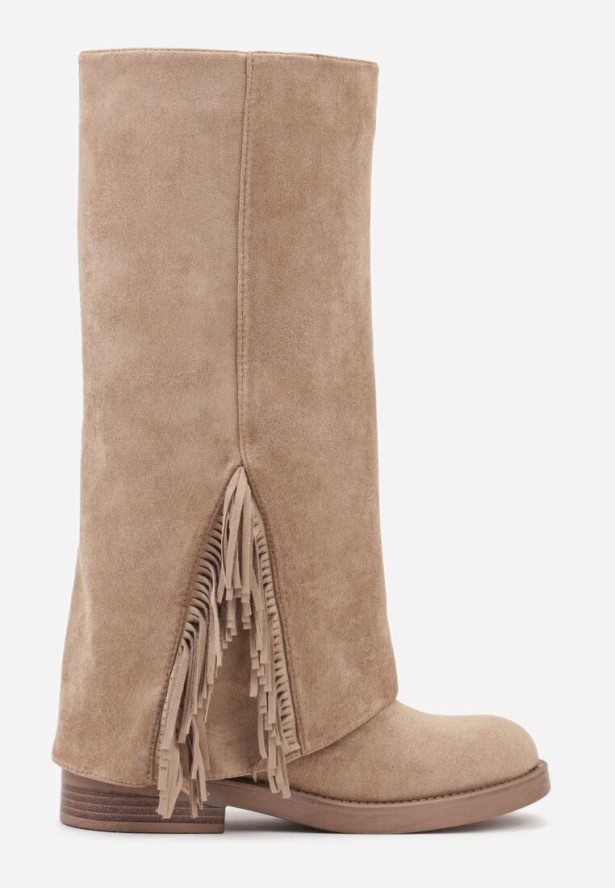 Ciemnobeżowe Kozaki Ozdobione Frędzlami i Wywiniętą Cholewką Reilevia