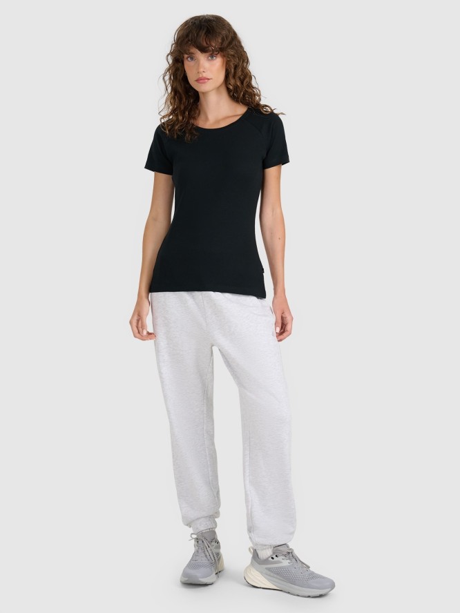 4F T-shirt regular z prążkowanej dzianiny damski - czarny XS