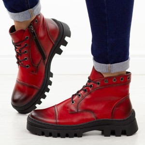 Czerwone botki damskie na traperze Potocki 19318