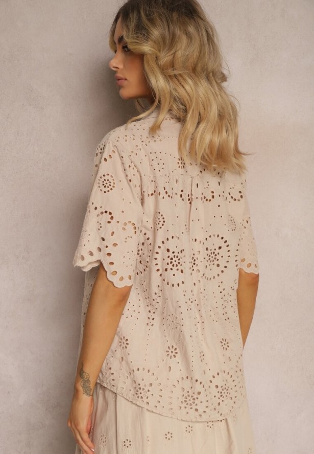 Jasnobeżowa Bawełniana Koszula z Haftowanej Tkaniny Zapinana na Guziki z Kieszeniami Tesanora