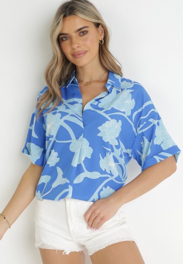 Niebieska Bluzka z Krótkimi Rękawami w Kwiaty Selenes