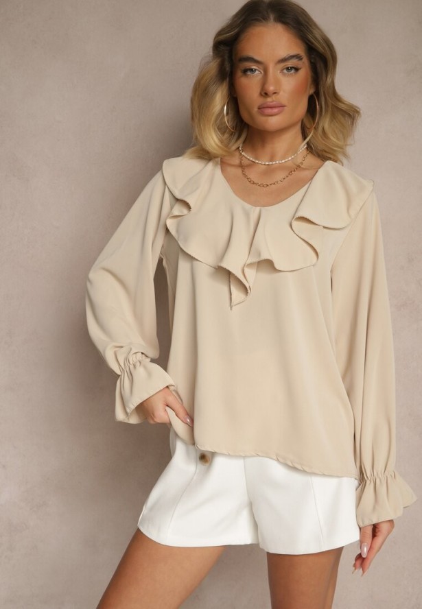 Beżowa Bluzka Ozdobiona Falbanką Tananissa