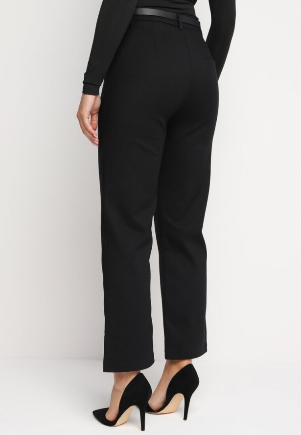 Czarne Klasyczne Spodnie na Suwak i Haftkę Ozdobione Paskiem Liloena