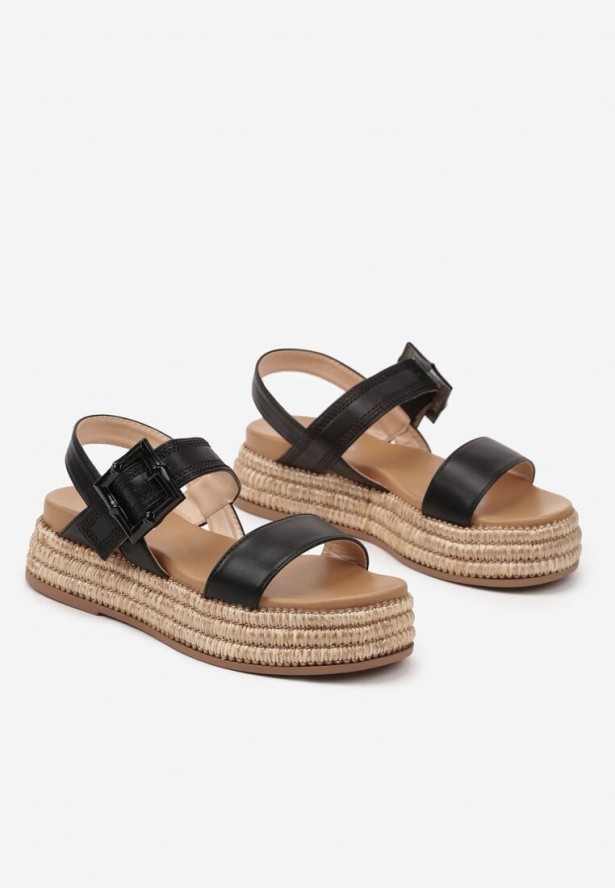 Czarne Sandały na Platformie z Plecionki Zapinane na Sprzączkę Grelsemi