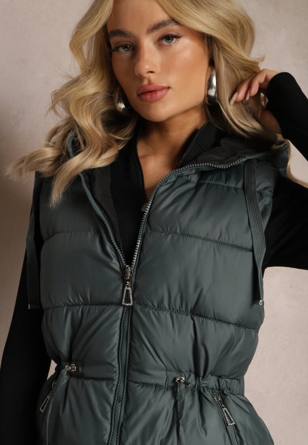 Ciemnozielona Pikowana Kamizelka Dwustronna z Troczkiem w Pasie o Wydłużonym Fasonie Selinorda