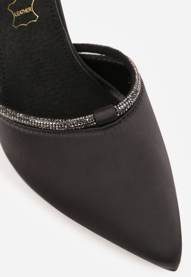 Czarne Satynowe Szpilki Vices z Wkładką ze Skóry Naturalnej i Ozdobnym Cyrkoniowym Paskiem Lizzeth