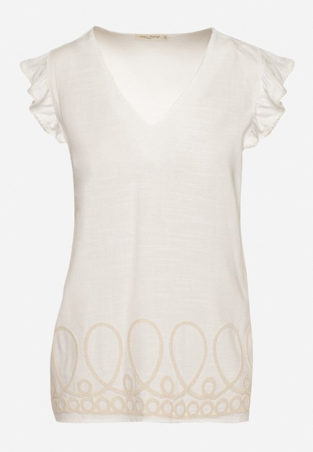 Biała Bluzka z Wiskozą i Lnem Ozdobiona Haftem i Falbanami Harivna