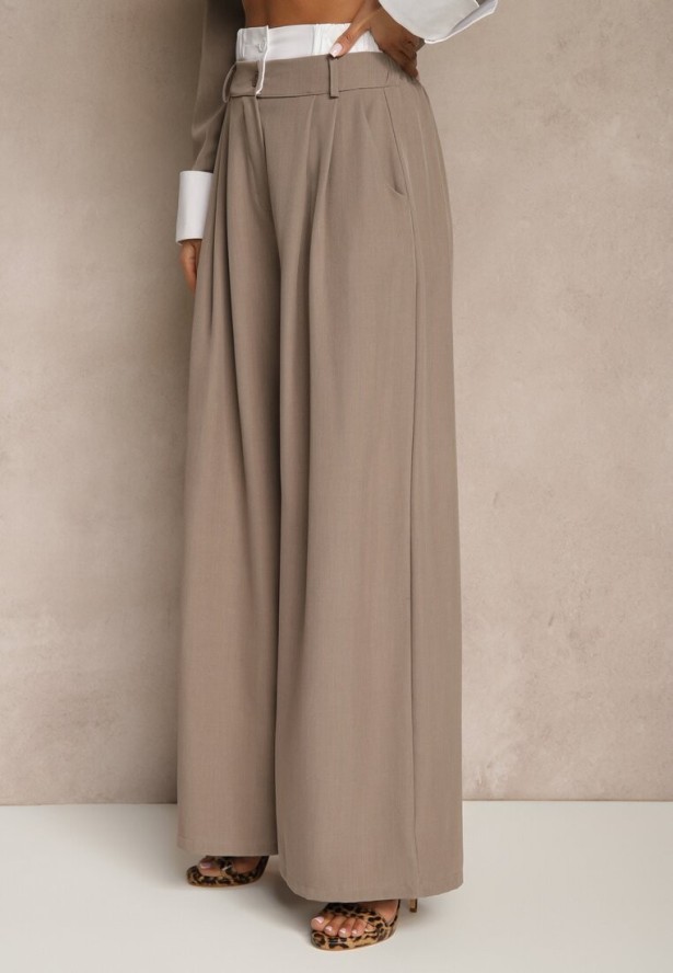 Jasnobrązowy Garniturowy Komplet Marynarka i Spodnie z Kontrastującymi Zdobieniami Davirielle