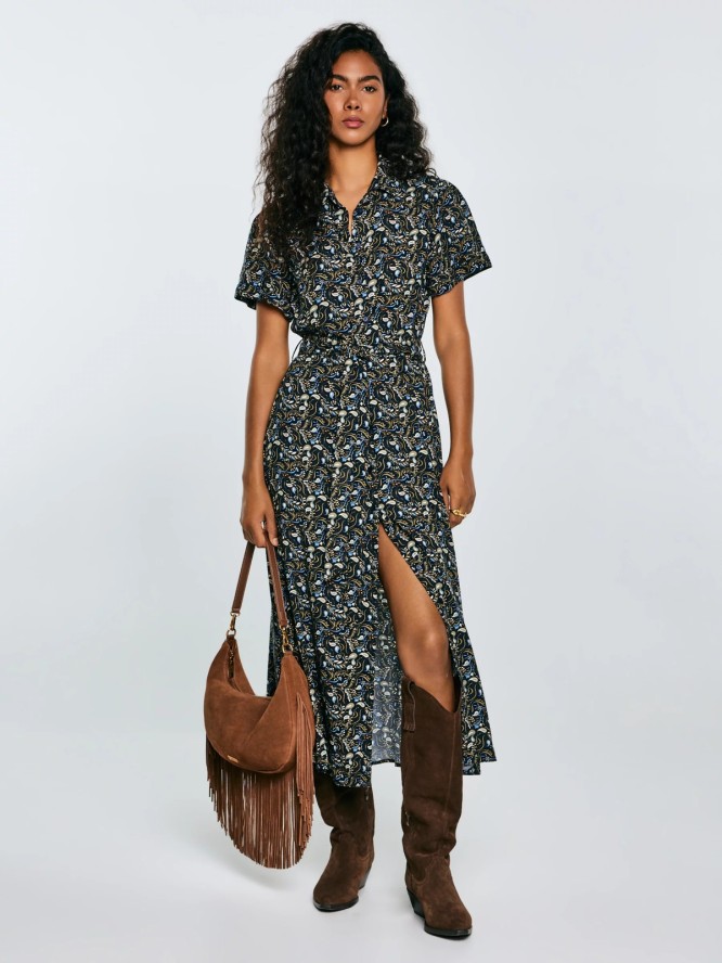 Sukienka damska midi z wiskozy z nadrukiem granatowa Nahai 403