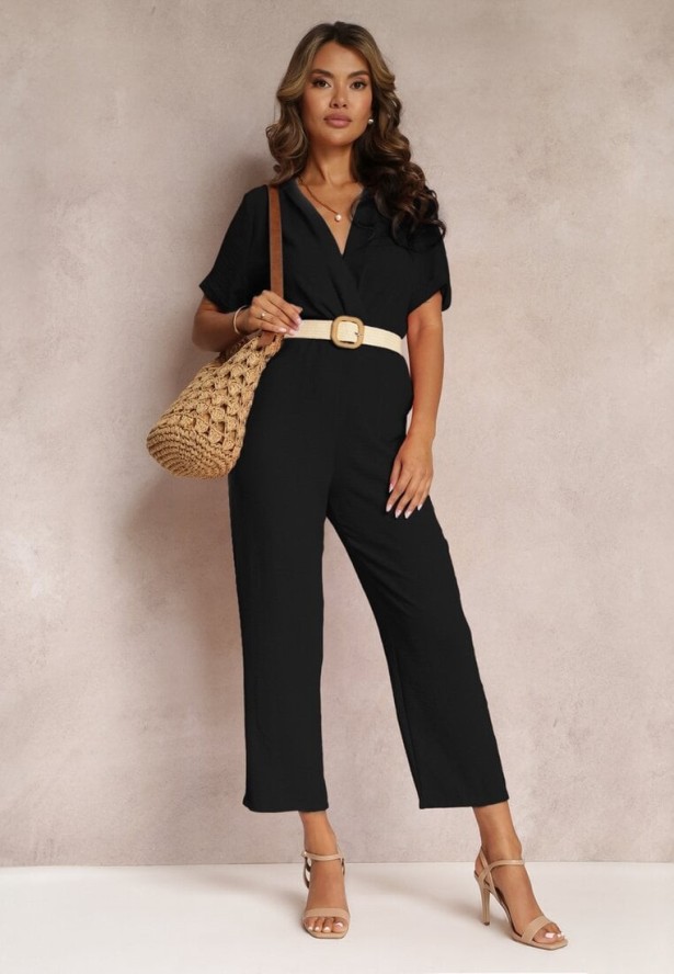 Czarny Kombinezon z Kopertowym Dekoltem i Krótkimi Rękawami z Wiskozą Coridsa