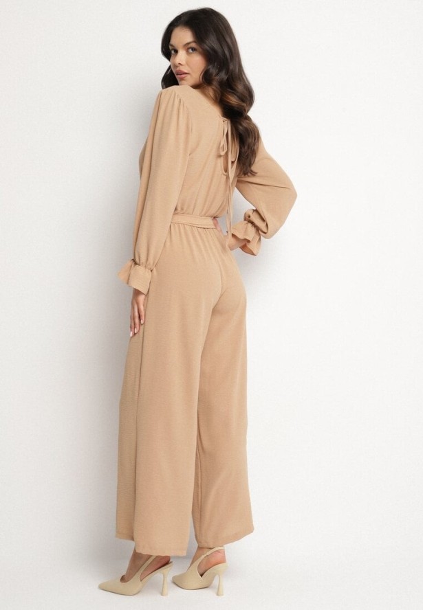 Beżowy Długi Kombinezon z Gumką w Pasie Wiązany na Plecach Kailanis