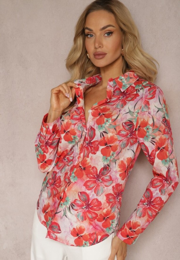 Czerwono-Różowa Klasyczna Koszula na Guziki z Bawełny w Kwiaty Taviea