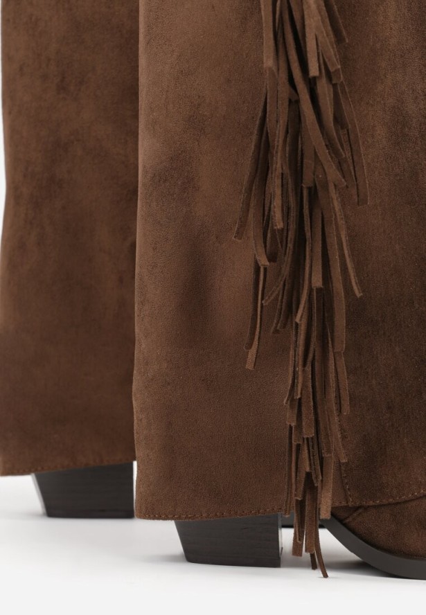 Brązowe Kozaki Kowbojki na Obcasie z Wywiniętą Cholewką z Frędzlami Monasatia