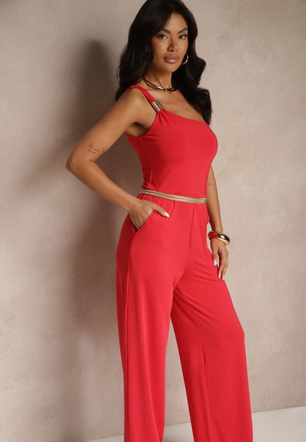 Czerwony Kombinezon Asymetryczny na Jedno Ramię z Długimi Nogawkami i Kieszeniami Efridelle