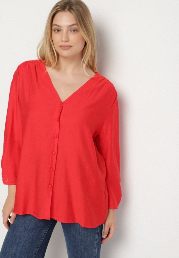 Czerwona Koszula z Wiskozy Ozdobiona Marszczonymi Rękawami i Guzikami Lanorea