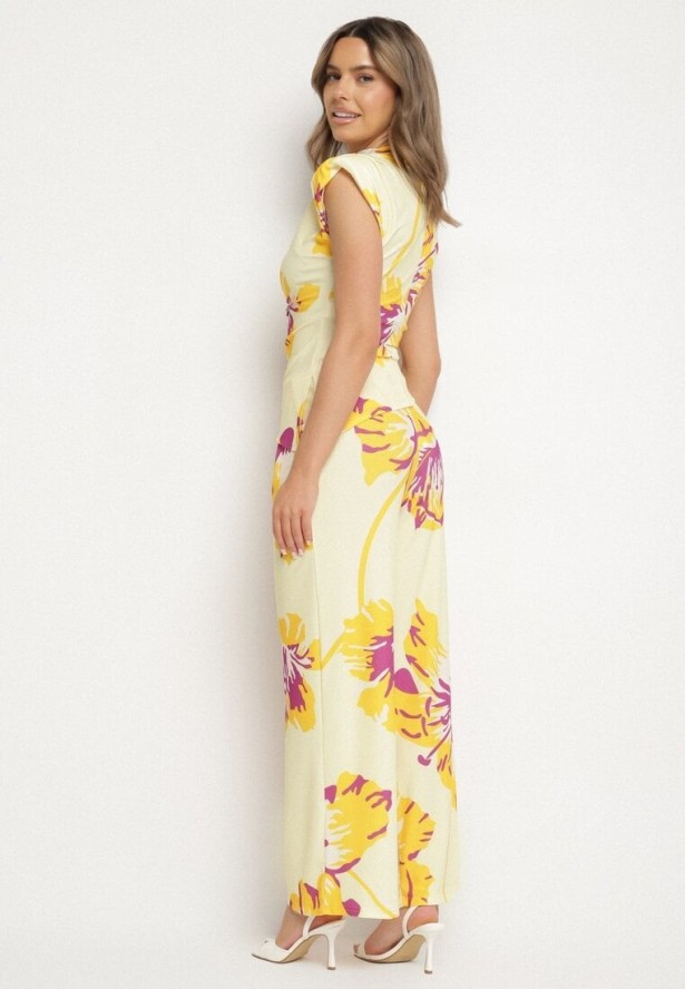 Żółty Komplet w Kwiaty Asymetryczna Bluzka z Marszczeniem i Szerokie Spodnie Linamia