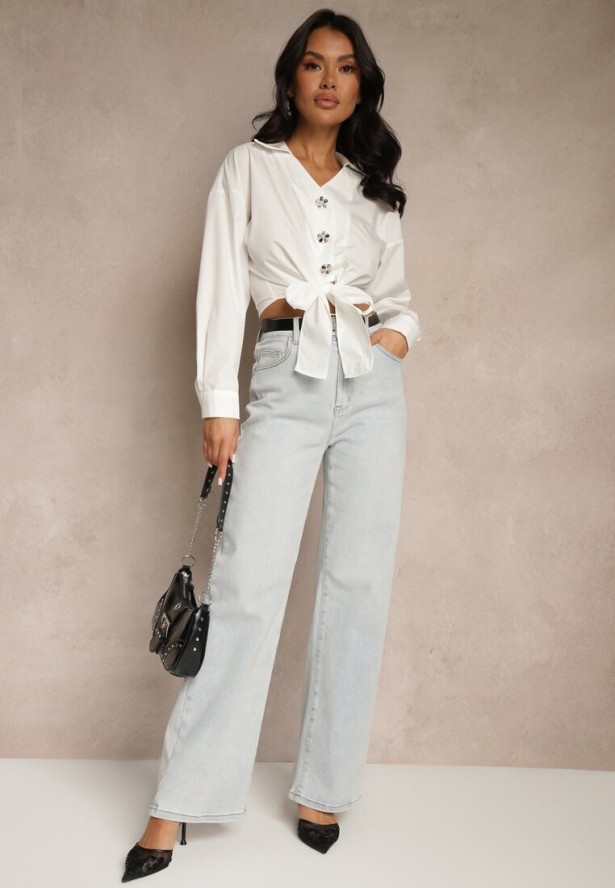 Biała Krótka Koszula z Bawełny z Wiązaniem i Ozdobnymi Guzikami Liliarne